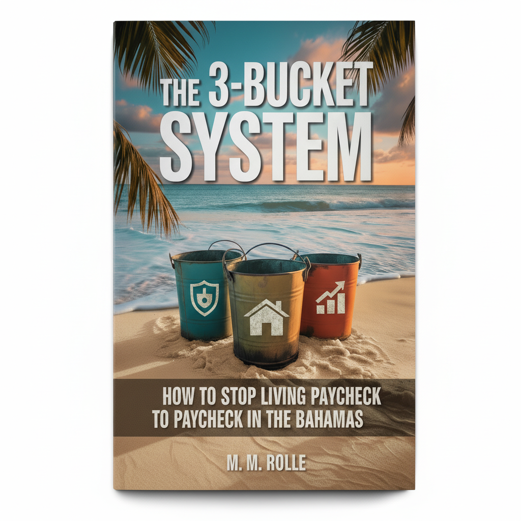 The 3-Bucket System Book Cover - Three buckets on a Bahamian beach representing Emergency Fund, Short-Term Goals, and Long-Term Wealth